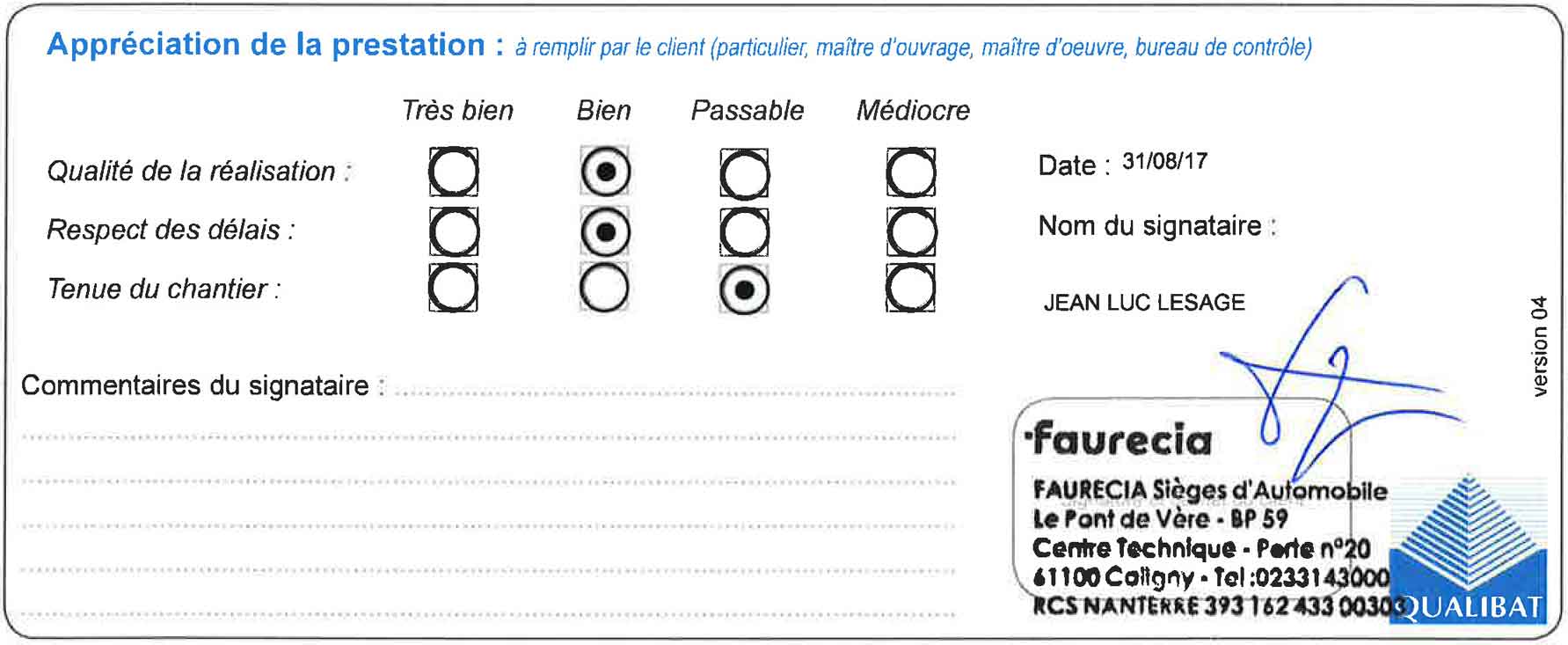 Attestation Faurecia Travaux
