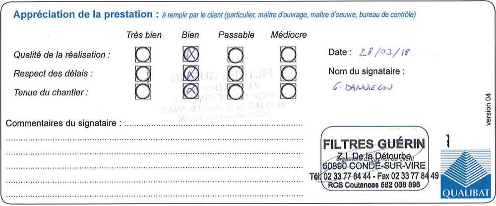 Attestation Qualibat Travaux Realisation Filtre Guerin Langlois Sobreti Bayeux