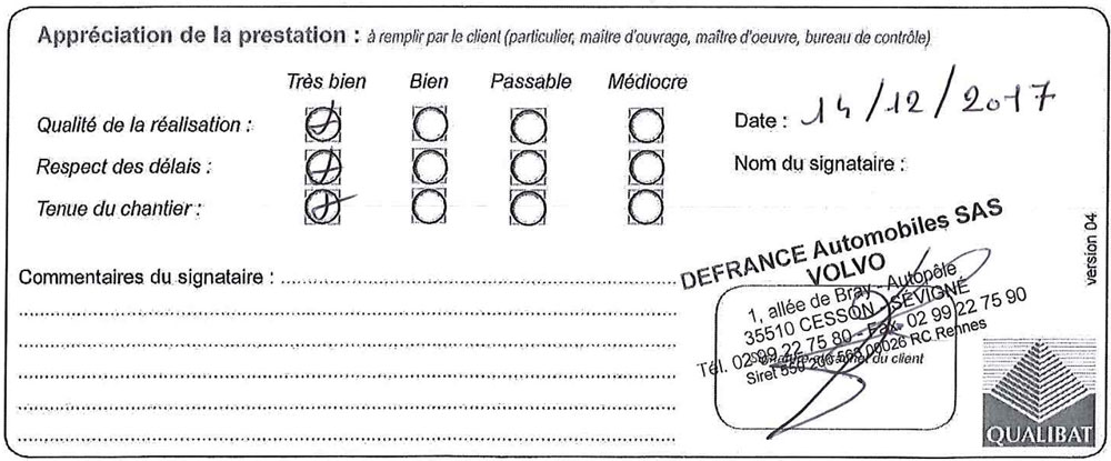Langlois Sobreti Rennes Attestation Travaux Volvo 35 Rennes