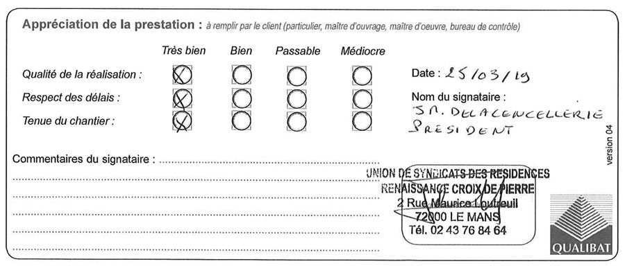 Attestation Travaux Residence Renaissance Croix De Pierre Langlois Sobreti Le Mans