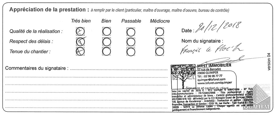 Qualibat Attestation Travaux Agence Laforet Langlois Sobreti Quimper