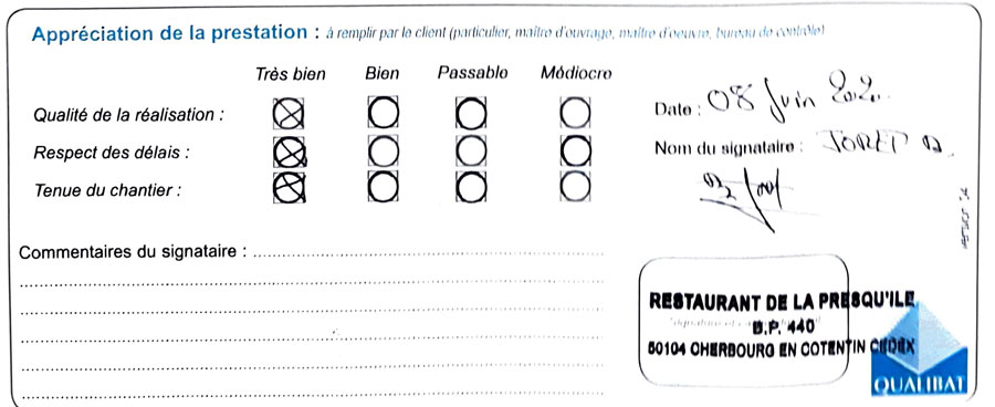 Attestation Travaux Signe Restaurant Langlois Sobreti Bayeux